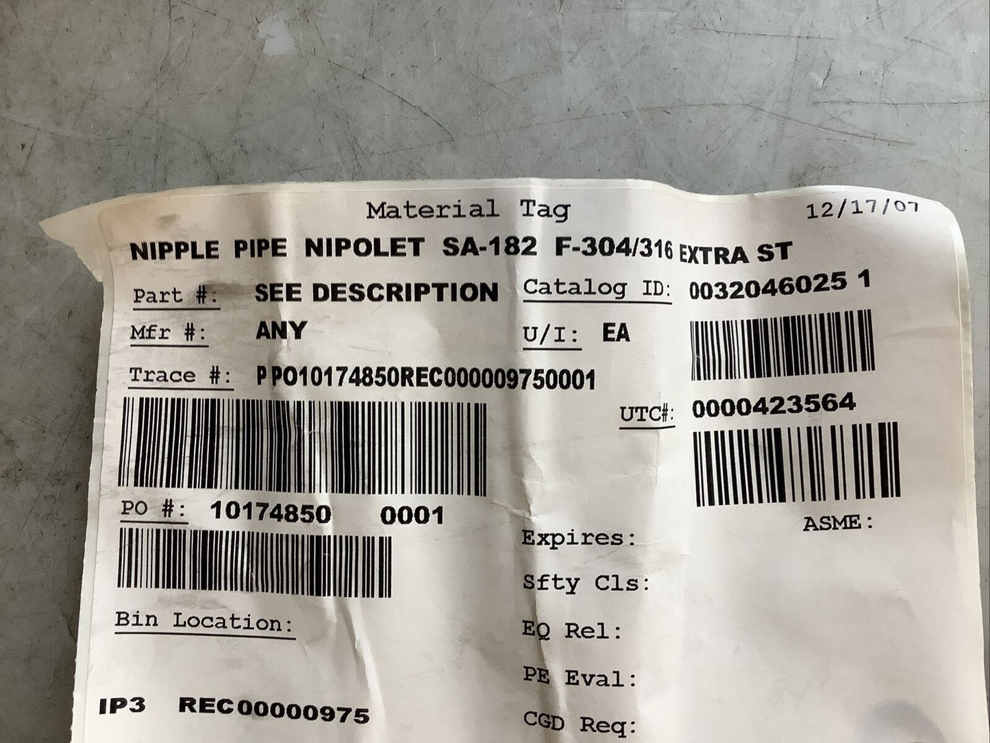 NIPOLET SA-182 NPPLE PIPE 14X3/4 XS F-304/316 87YZ