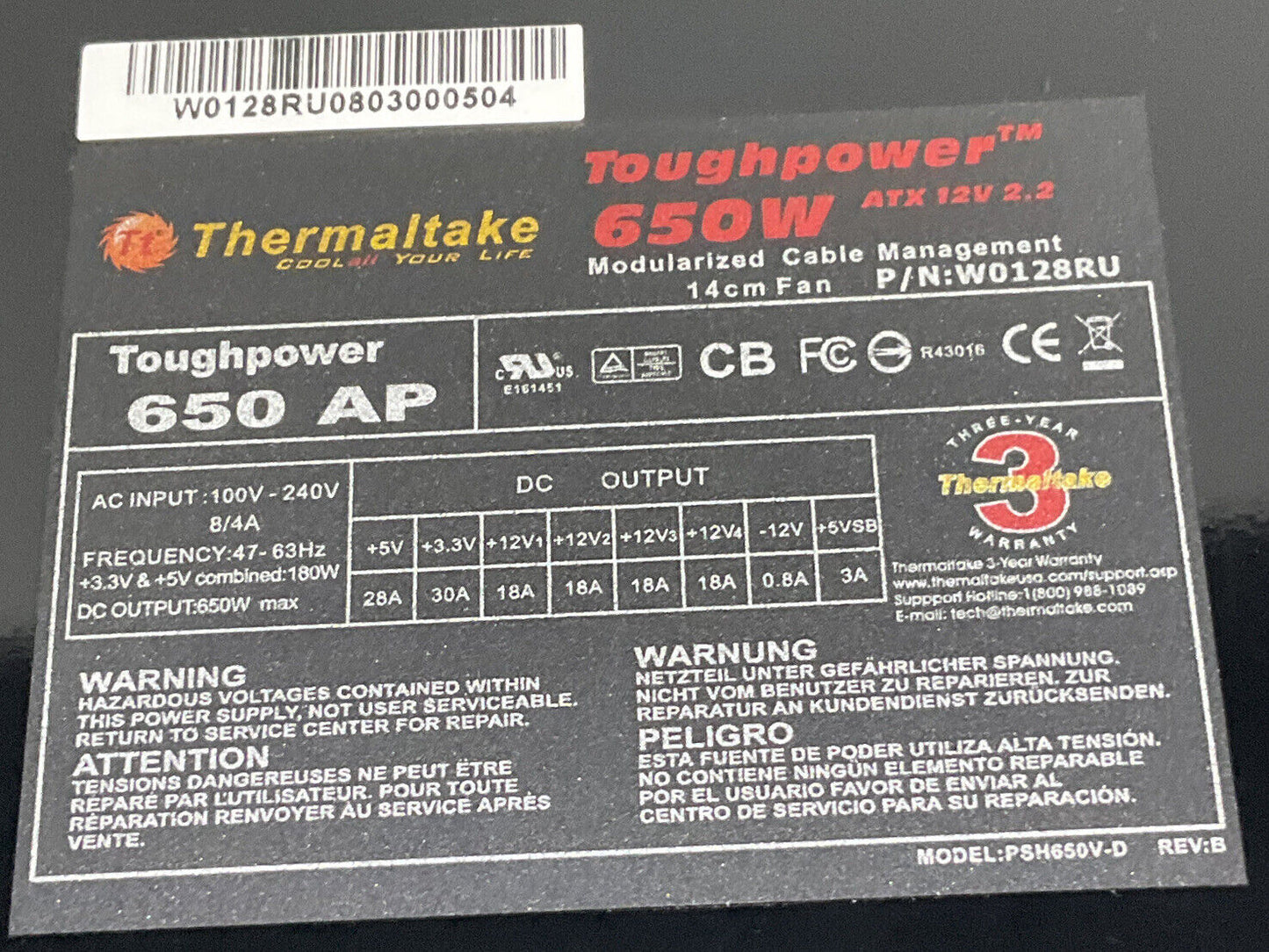 TOUGHPOWER 650W W0128RU CABLE MANAGEMENT POWER SUPPLY U3S