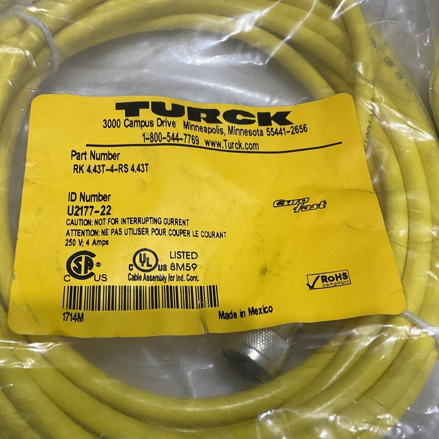 TURCK U2177-22 RK4.43T-4-RS 4.43T CABLE ASSEMBLY LOT OF 2 U3S