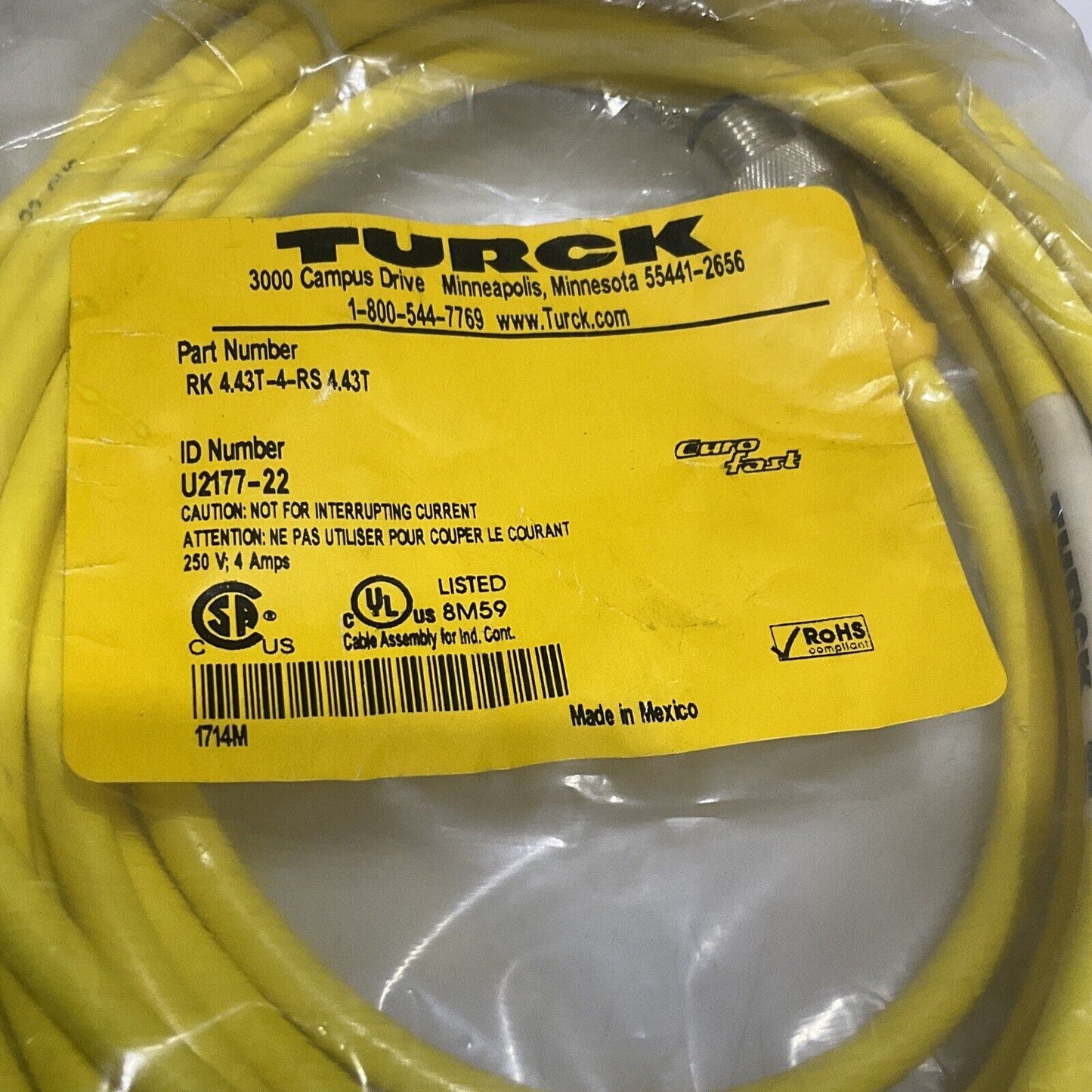 TURCK U2177-22 RK4.43T-4-RS 4.43T CABLE ASSEMBLY LOT OF 2 U3S