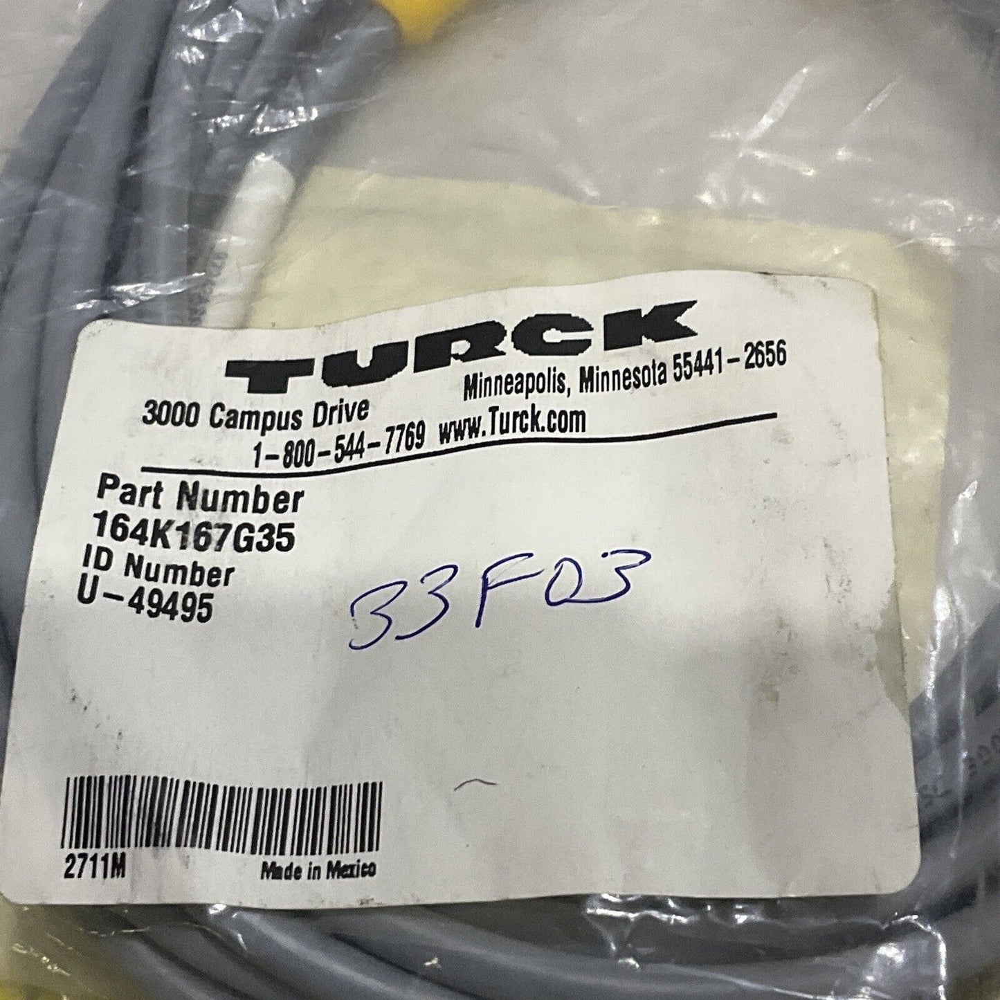 TURCK U-49495 164K167G35 CABLE ASSEMBLY W4200 RUS LWR ENTRY V1324 RUS JB4 U3S