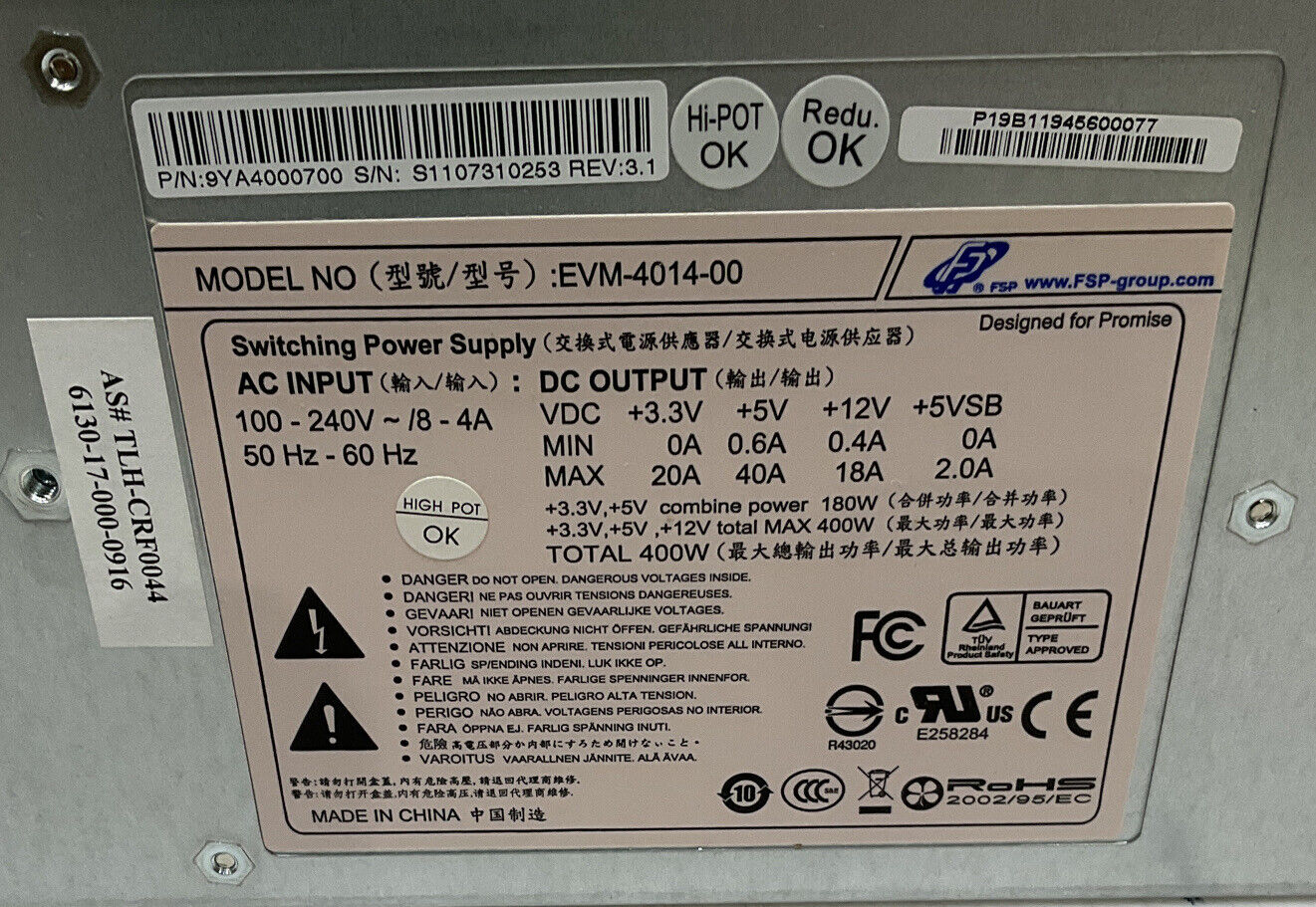 FSP-GROUP EVM-4014-00 POWER SUPPLY 100-240V 50-60HZ U3S