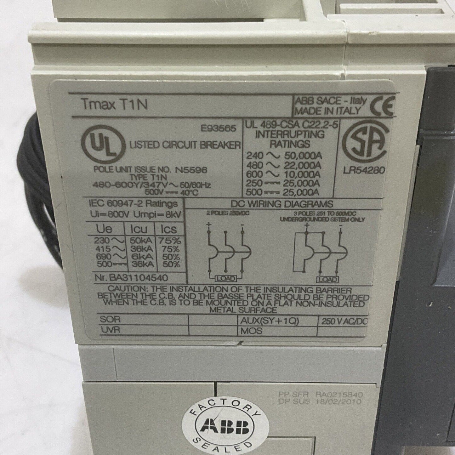 ABB SACE T1N SACE TMAX T1N CIRCUIT BREAKER 40A 3POLE U3S