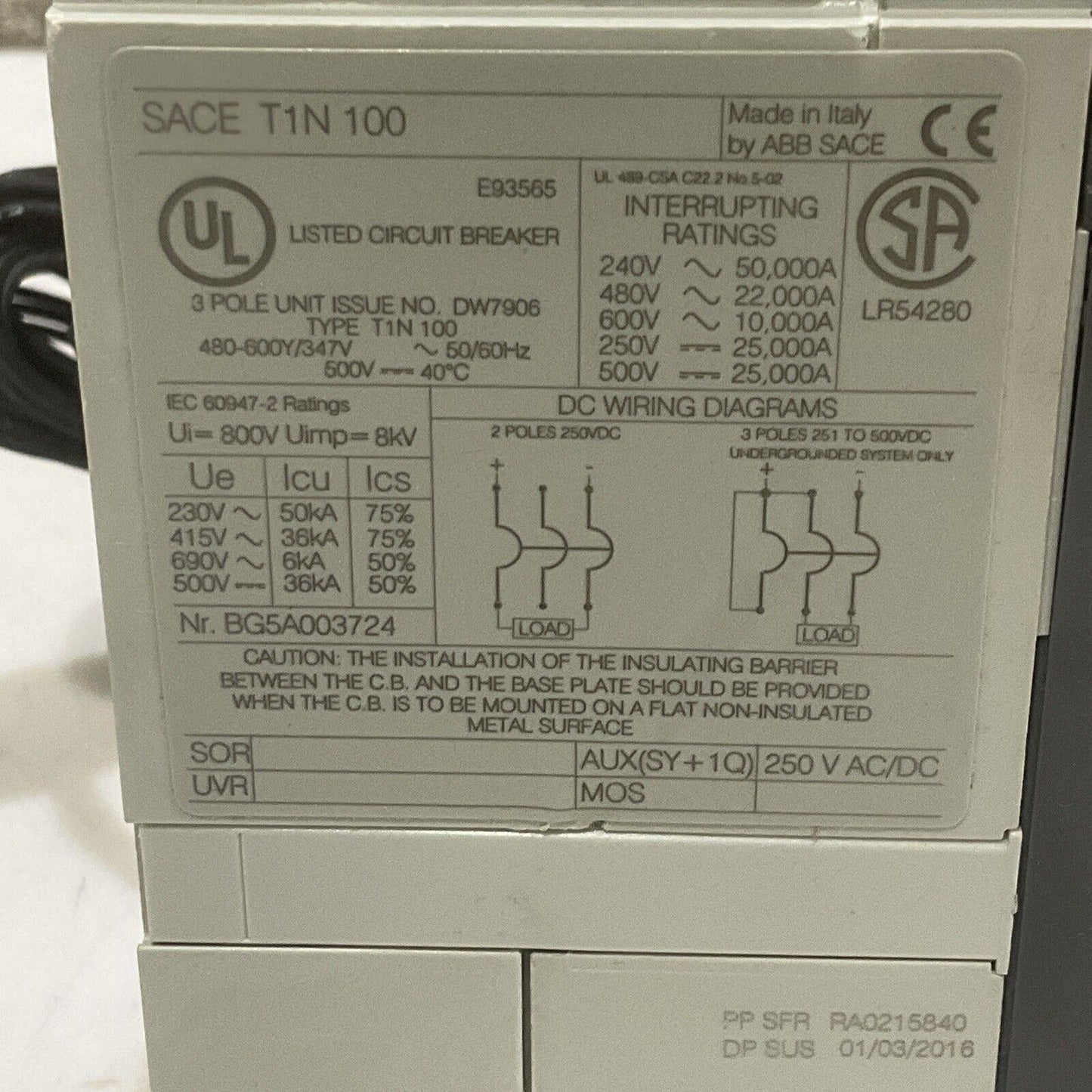 ABB SACE T1N 100 SACE TMAX T1N040TLA CIRCUIT BREAKER 40A 3POLE U3S