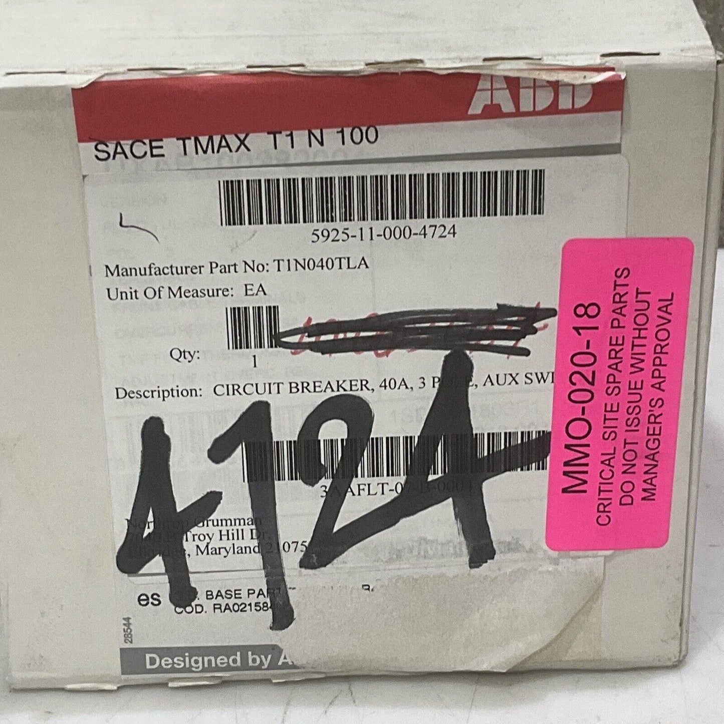 ABB SACE T1N SACE TMAX T1N CIRCUIT BREAKER 40A 3POLE U3S