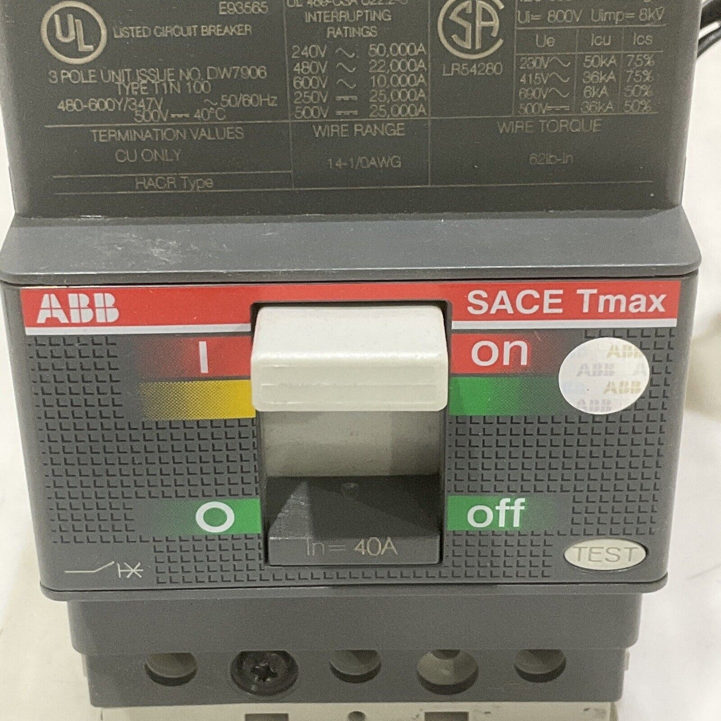 ABB SACE T1N 100 SACE TMAX T1N040TLA CIRCUIT BREAKER 40A 3POLE U3S