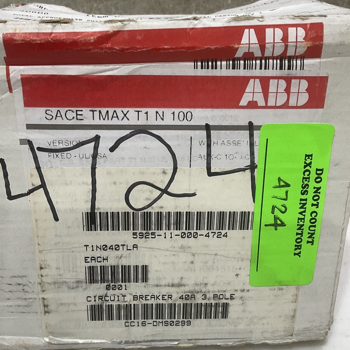 ABB SACE T1N 100 SACE TMAX T1N040TLA CIRCUIT BREAKER 40A 3POLE U3S
