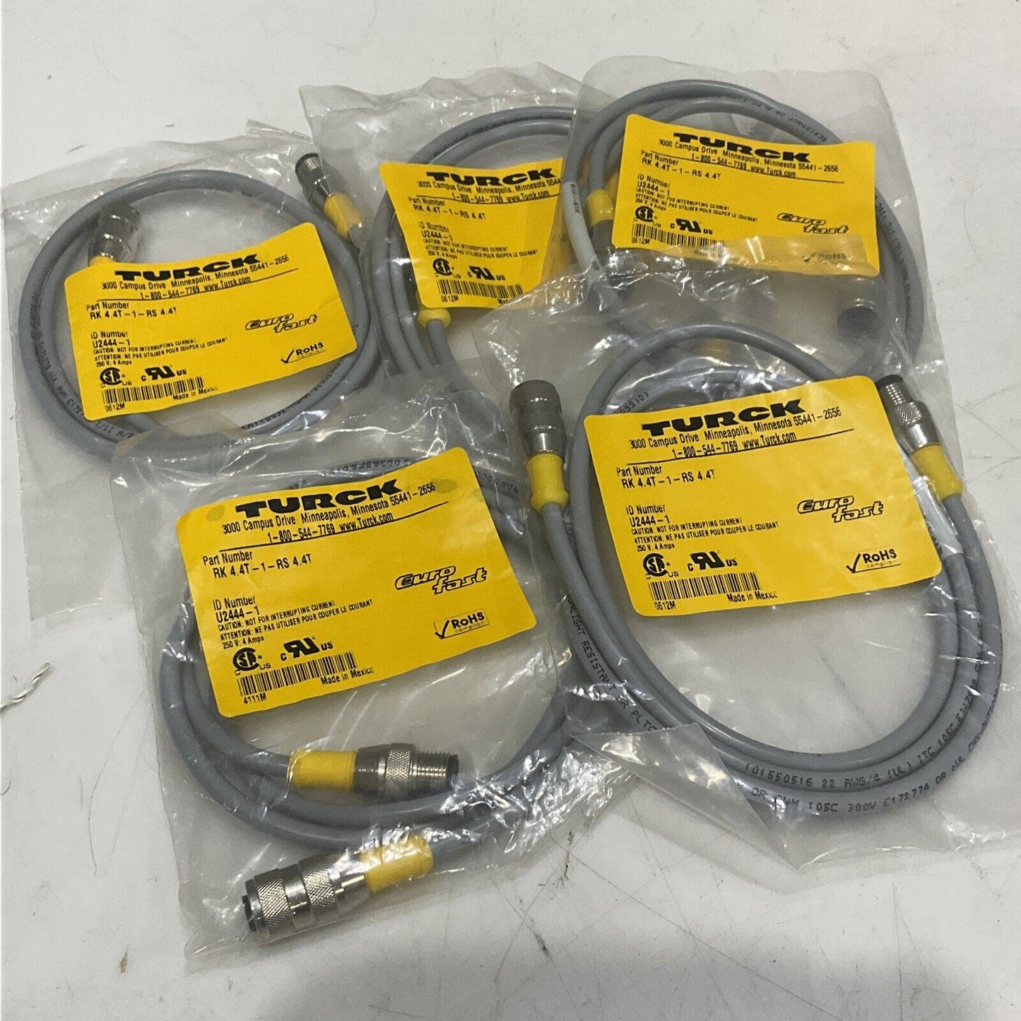 TURCK RK 4.4T-1-RS 4.4T U2444-1 ACTUATOR AND SENSOR CABLE LOT OF 5 U3S