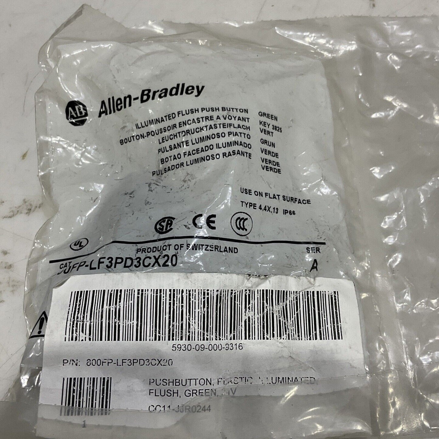 AB ALLEN BRADLEY 800FP-LF3PD3CX20 FLUSH PUSH BUTTON LIGHT GREEN 24V U3S