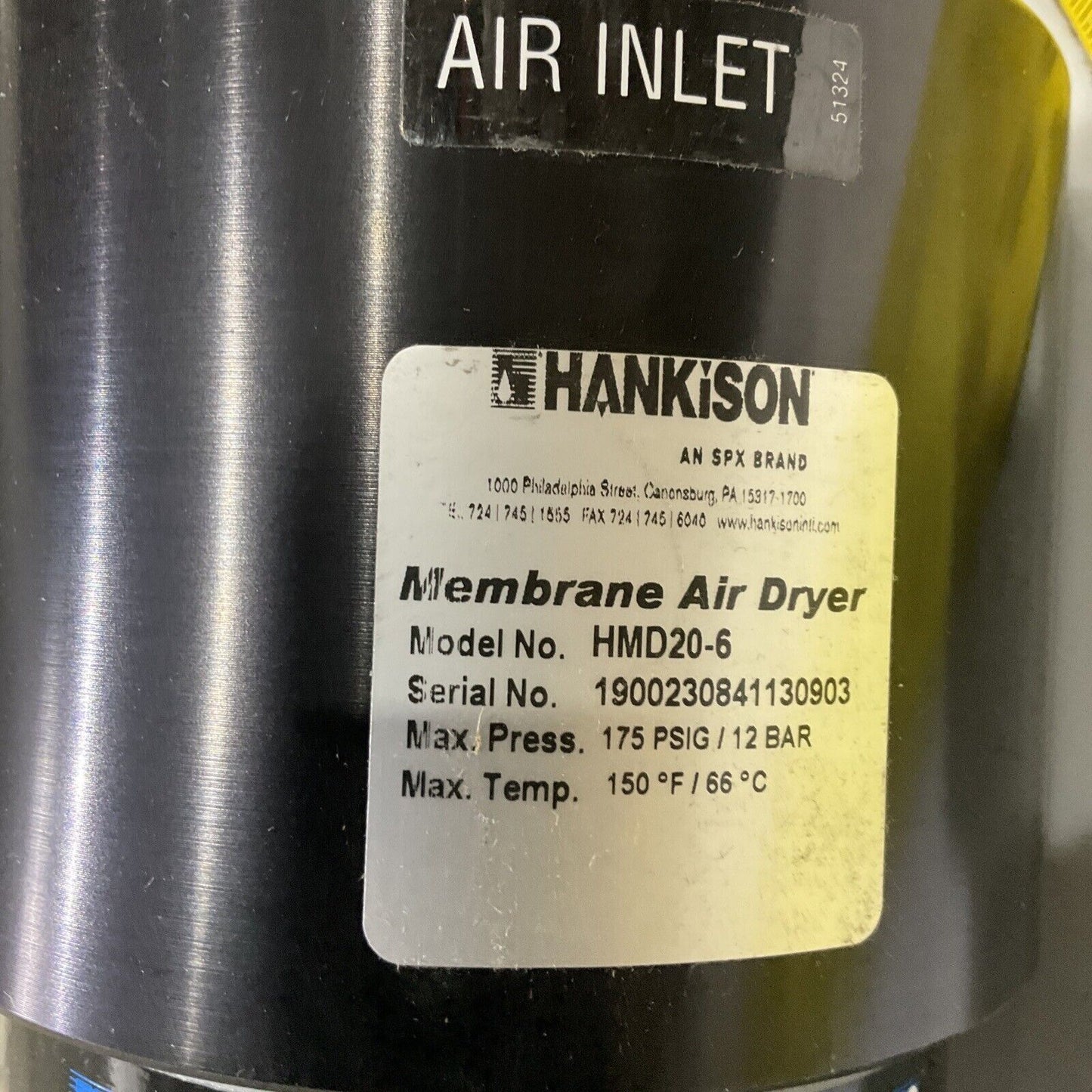 SPX HANKINSON HMD20-6 MEMBRANE AIR DRYER 175 PSIG/ 12 BAR 150 F U3S