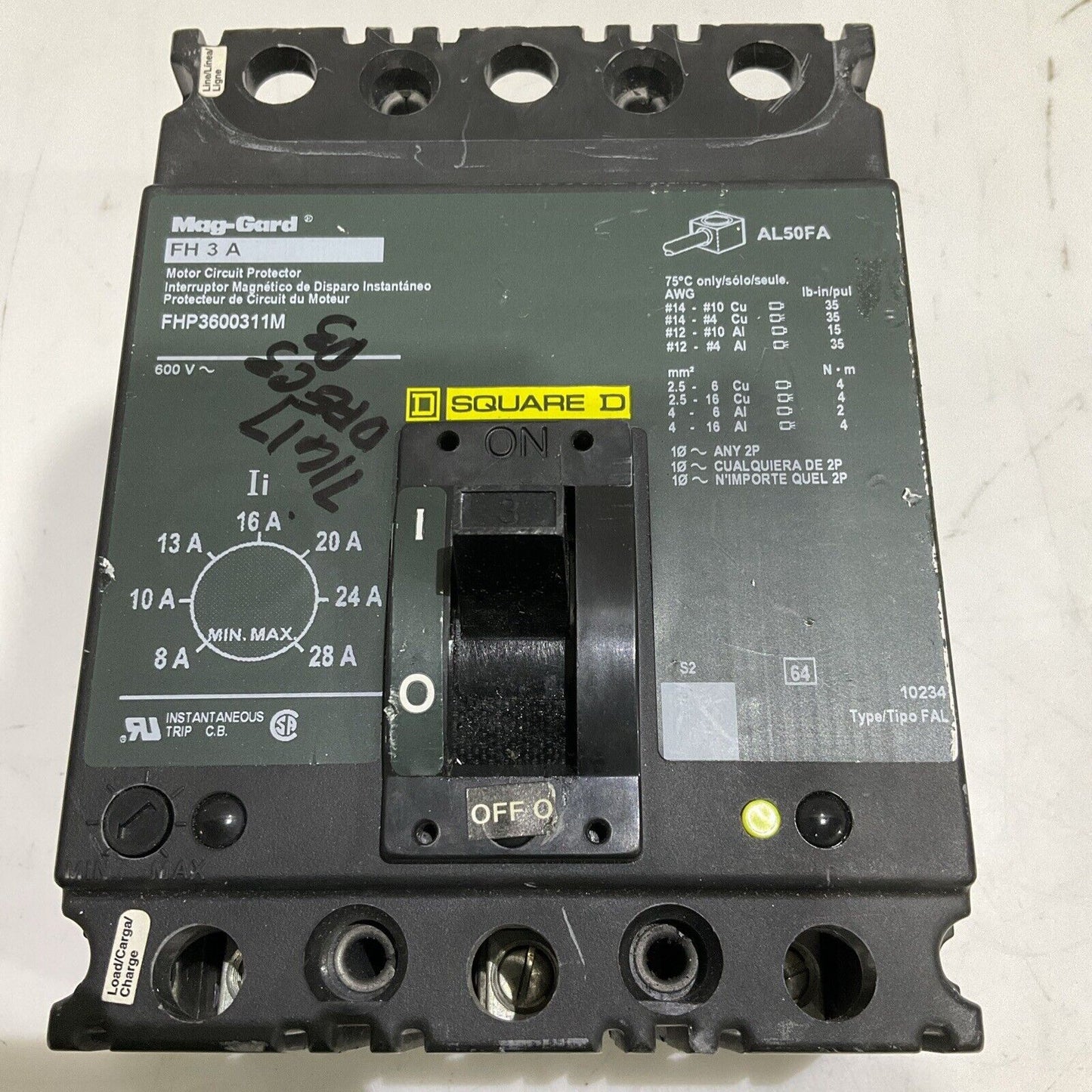 SQUARE D MAG-GARD FH 3 A FHP3600311M CIRCUIT BREAKER 600V U4M