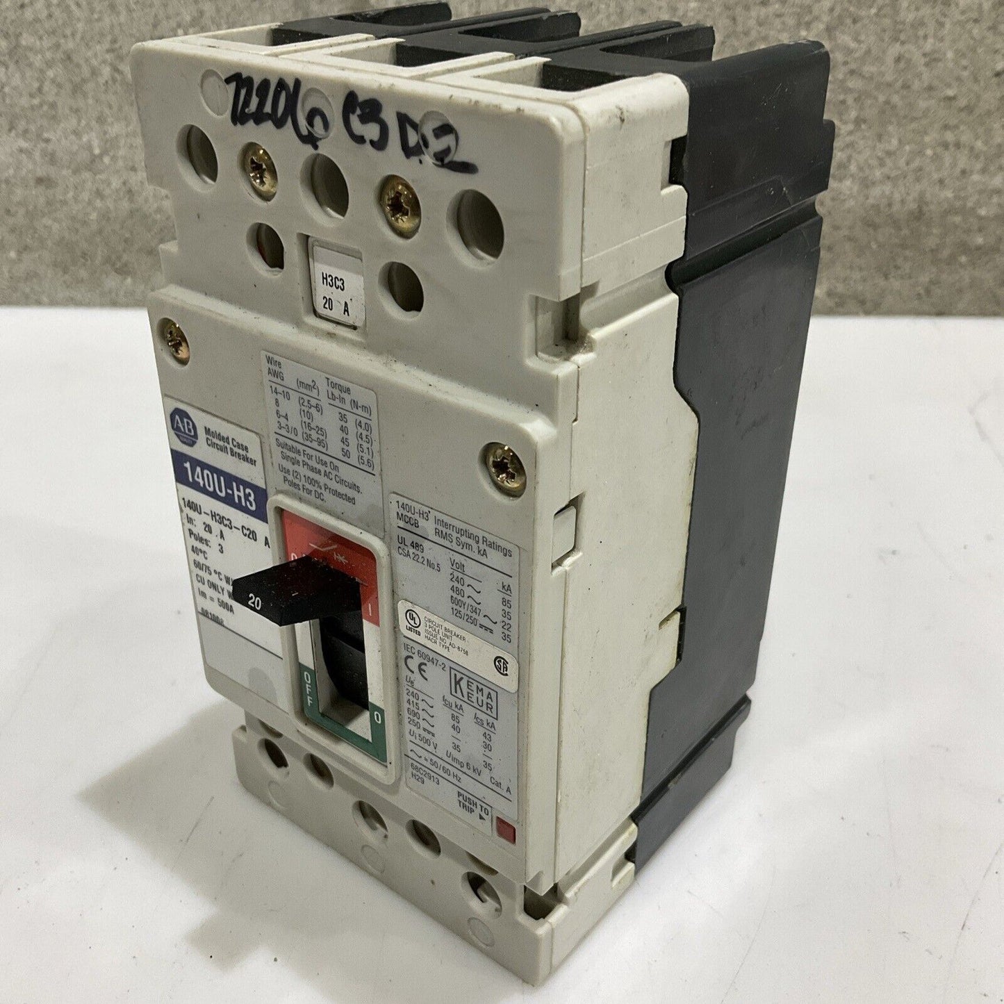 AB ALLEN BRADLEY 140U-H3 140U-H3C3-C20 MOLDED CASE CIRCUIT BREAKER 20A U4M