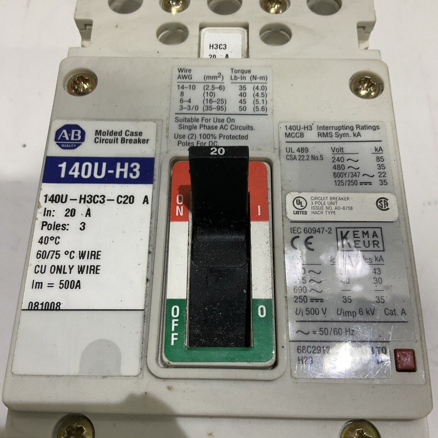 AB ALLEN BRADLEY 140U-H3 140U-H3C3-C20 MOLDED CASE CIRCUIT BREAKER 20A U4M
