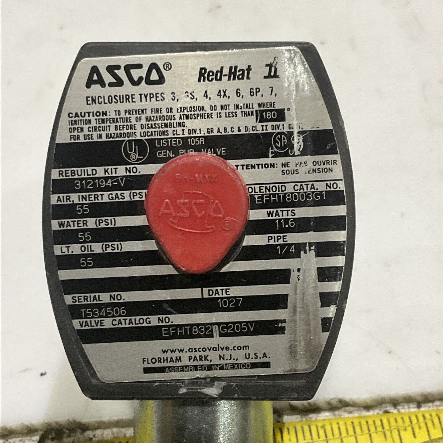 ASCO 312194-V EFHT8321G205V SOLENOID VALVE 55 PSI 11.6W 1/4 PIPE