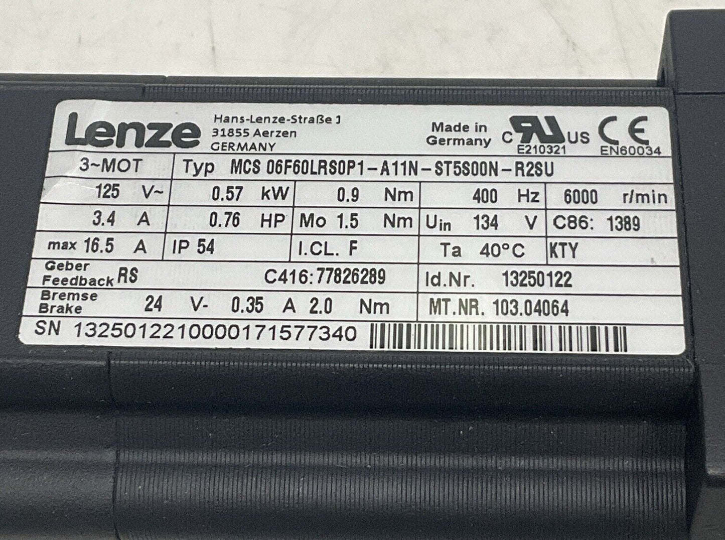 LENZE MCS 06F60LRS0P1-A11N-ST5S00N-R2SU SERVO MOTOR U3S