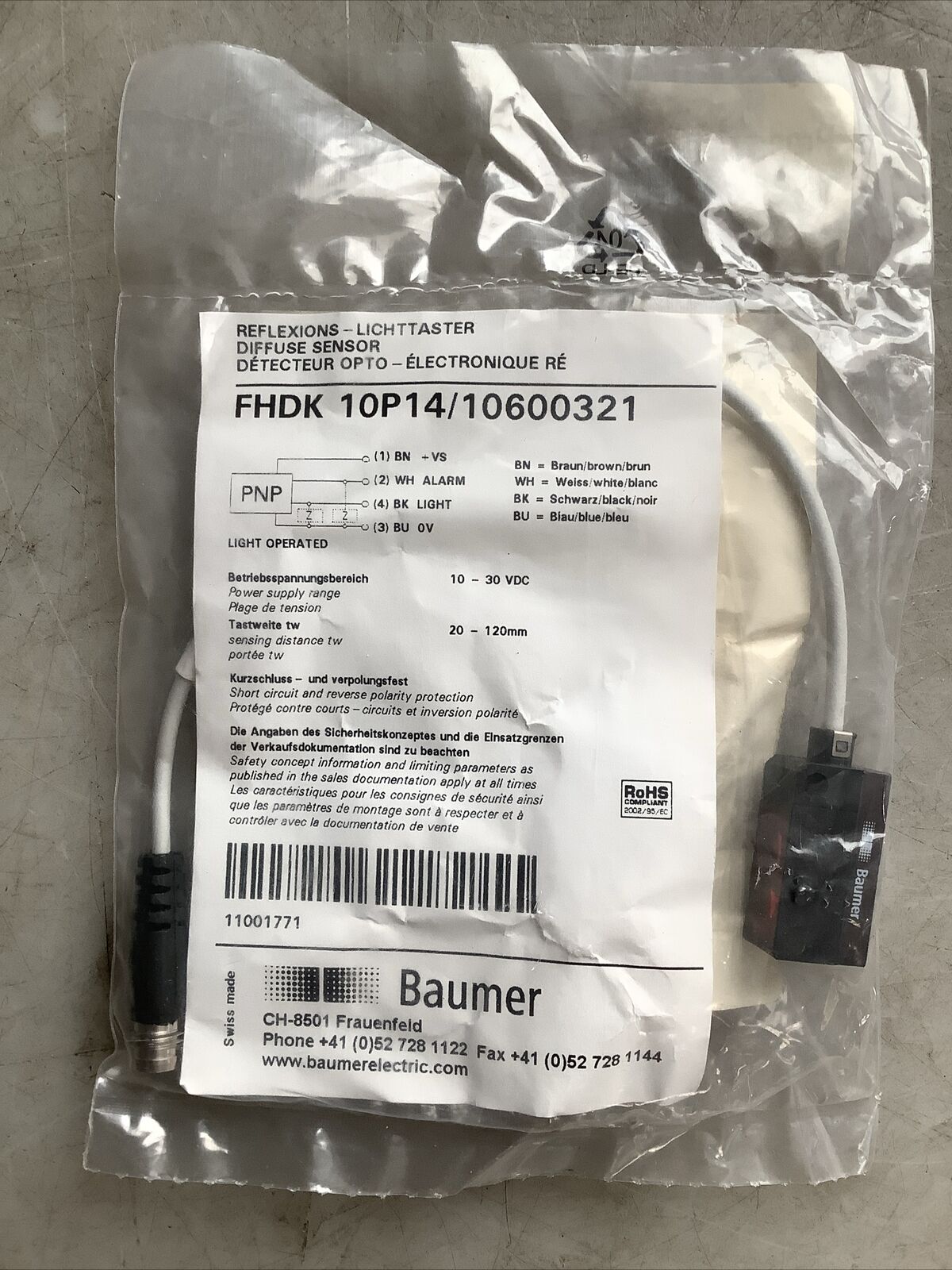 BAUMER FHDK 10P14/10600321 DIFFUSE SENSOR U3S