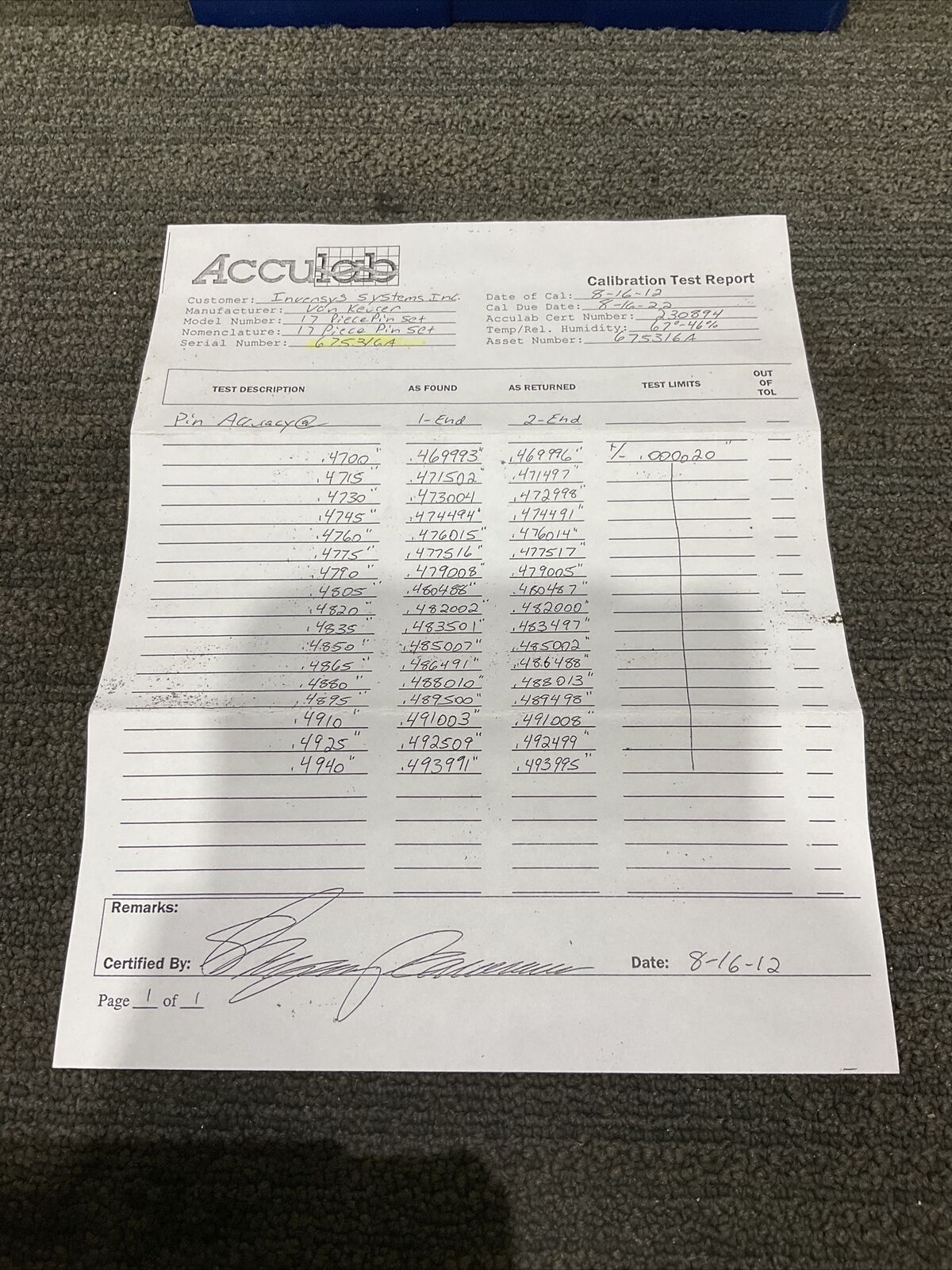 VAN KEUREN .4700-.4940 17 PIECE PIN GAUGE SET 333