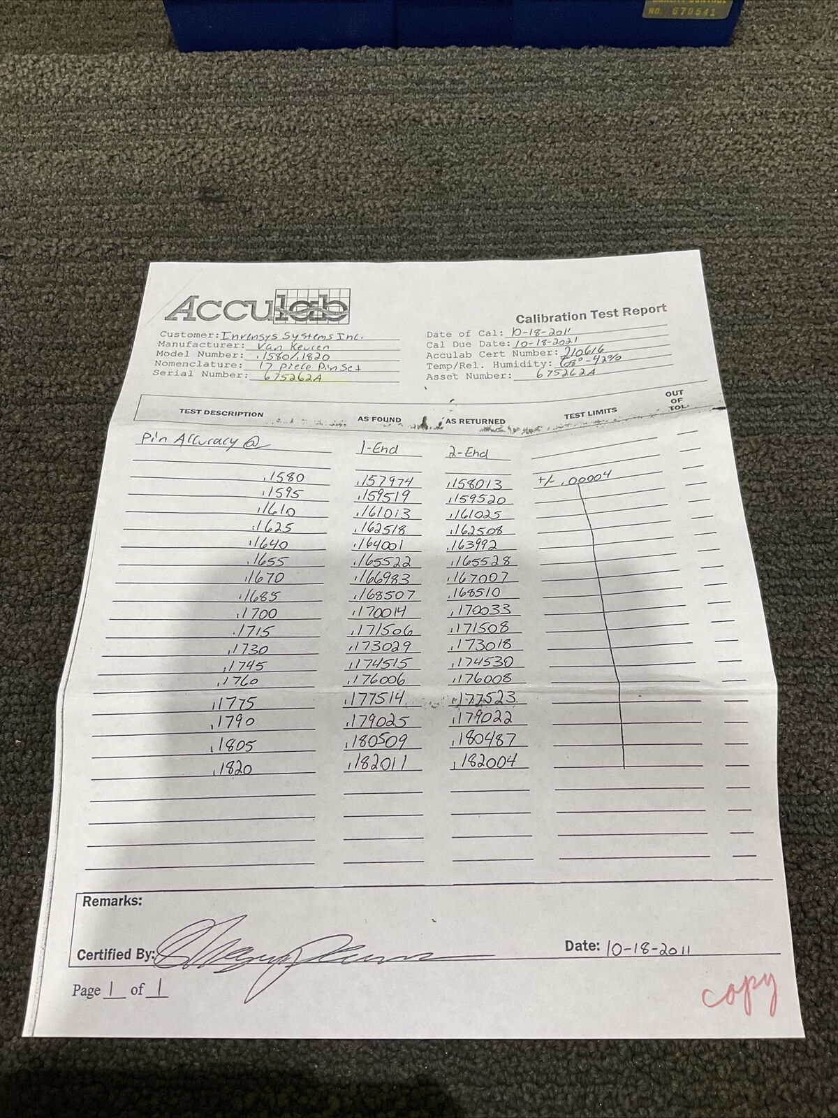 VAN KEUREN .1580-.1820 17 PIECE PIN GAUGE SET 333