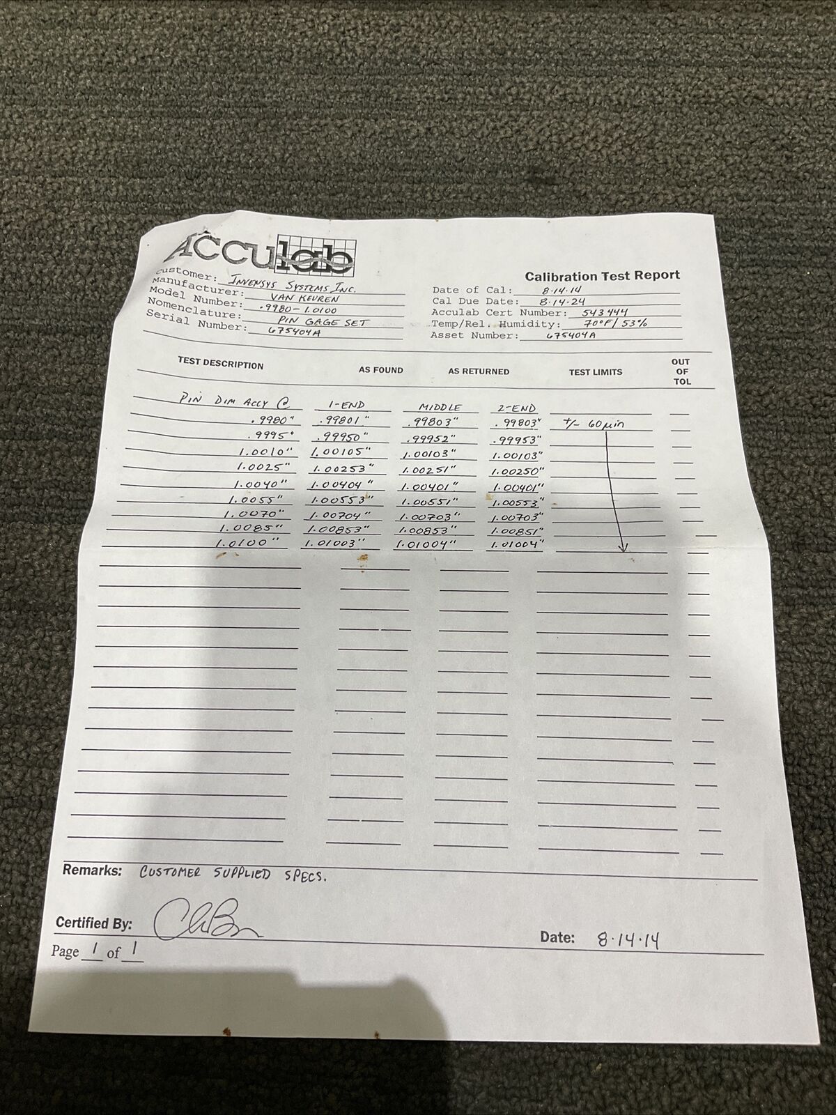 VAN KEUREN .9980-1.0 9 PIECE PIN GAUGE SET 333