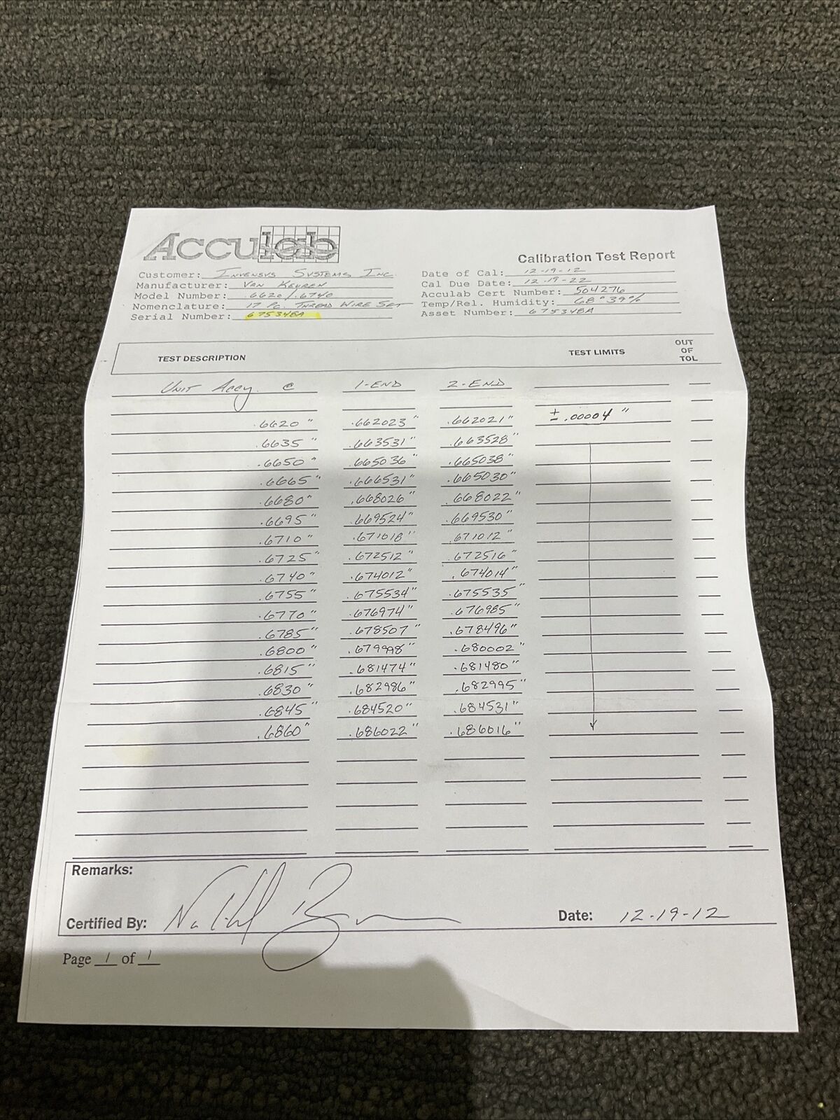 VAN KEUREN .6620-.6740 17 PIECE THREAD WIRE SET 333