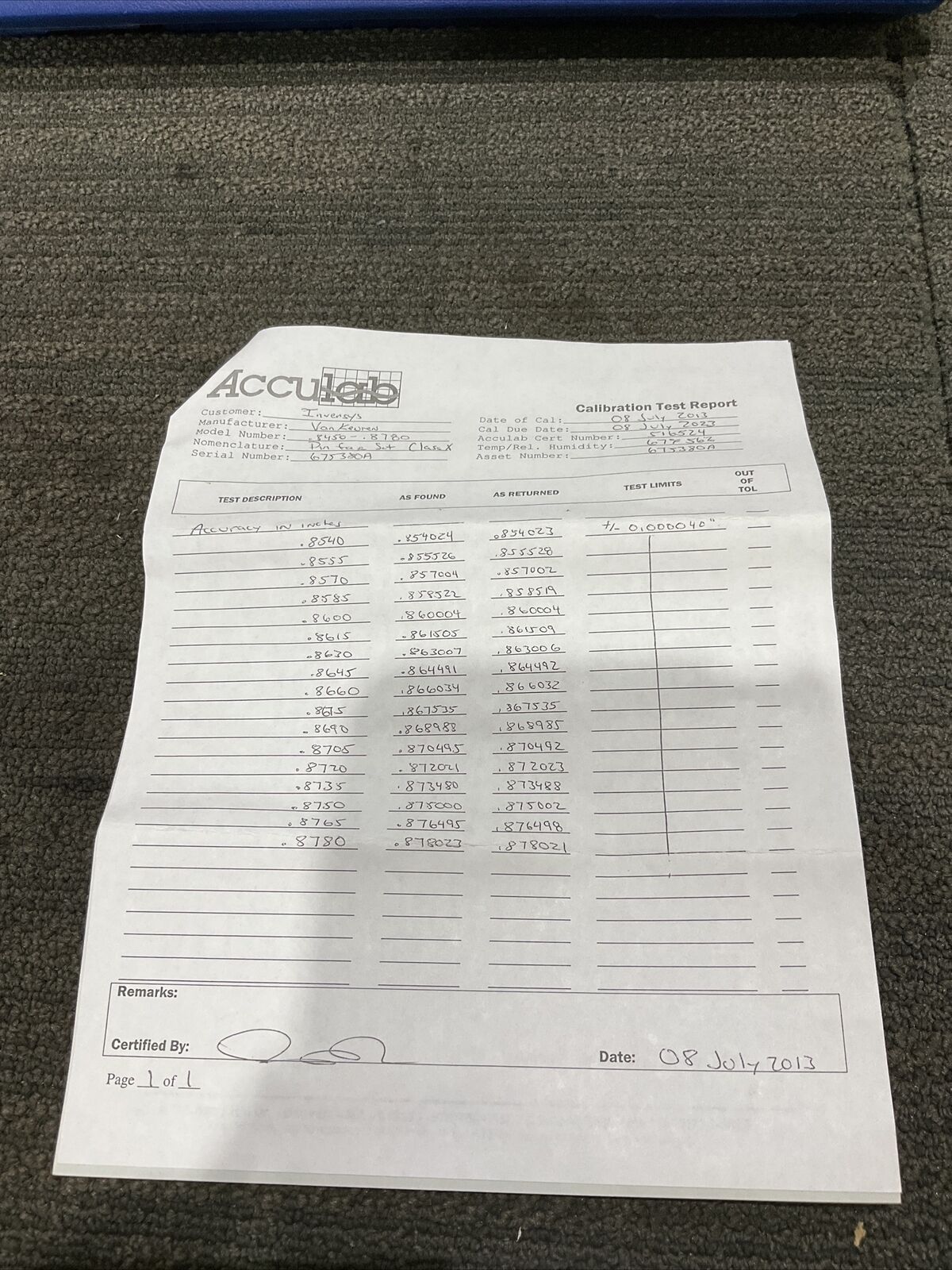 VAN KEUREN .8540-.8780 17 PIECE PIN GAUGE SET 333