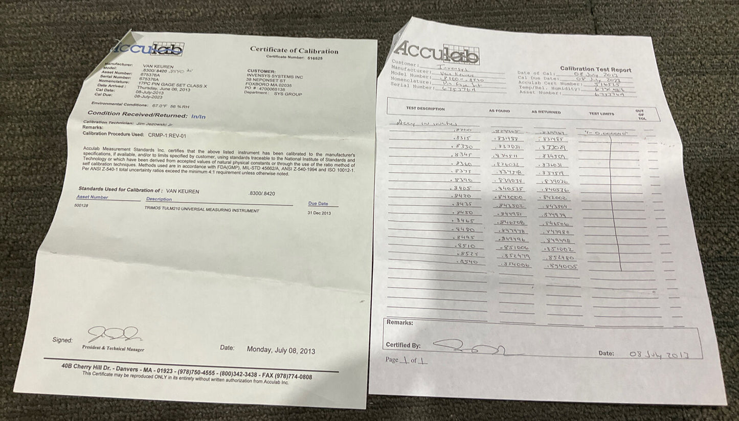 VAN KEUREN .8300-.8540 17 PIECE PIN GAUGE SET 333