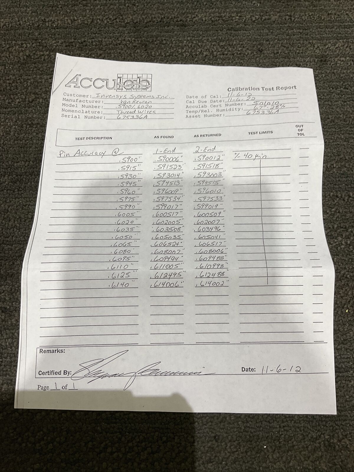 VAN KEUREN .5900-.6140 17 PIECE THREAD WIRE SET 333