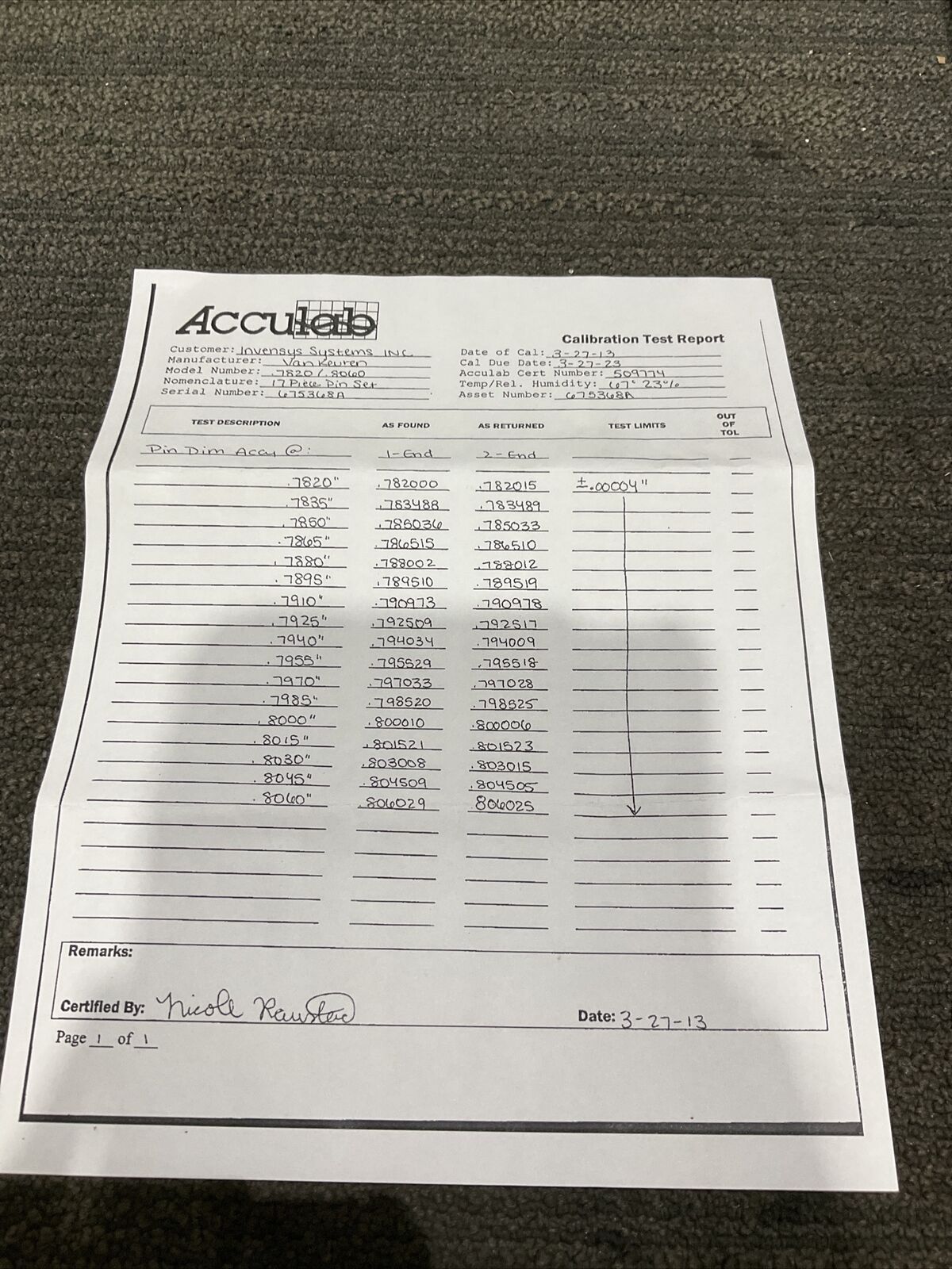 VAN KEUREN .7820-.8060 17 PIECE PIN GAUGE SET 333
