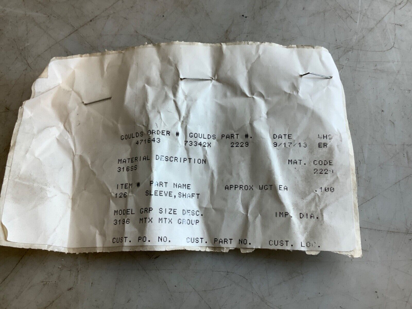 GOULDS PUMPS 73342X 2229 SHAFT SLEEVE 316SSTL 3196 MTX 678