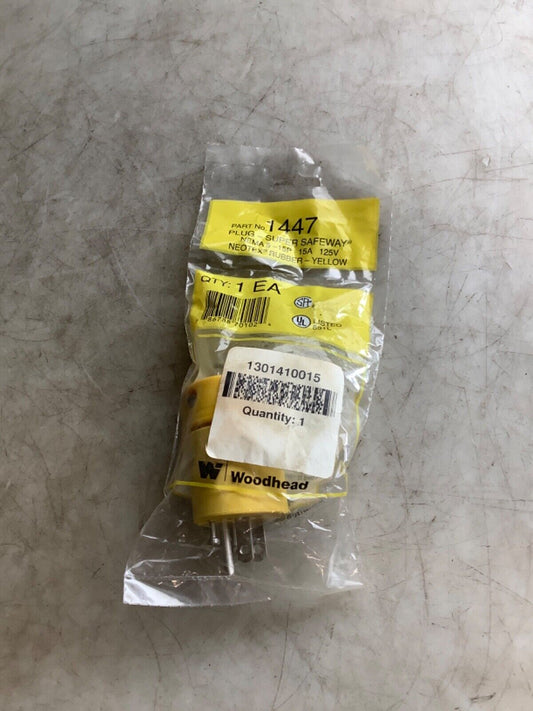 WOODHEAD 1447 SUPER SAFEWAY PLUG YELLOW 125V 5-15P 15A 222