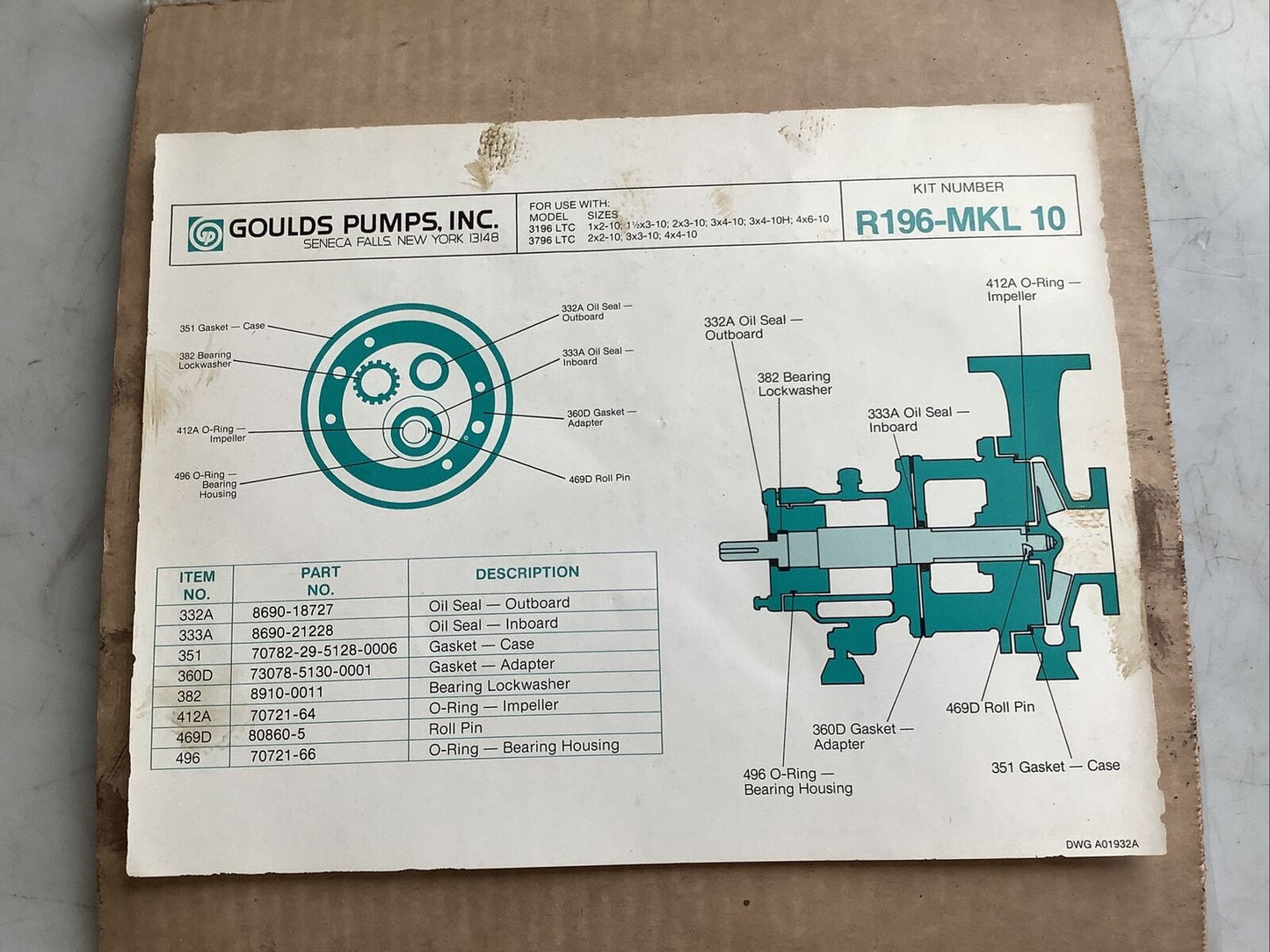 GOULDS PUMPS R196-MKL10 MAINTENANCE REPAIR KIT