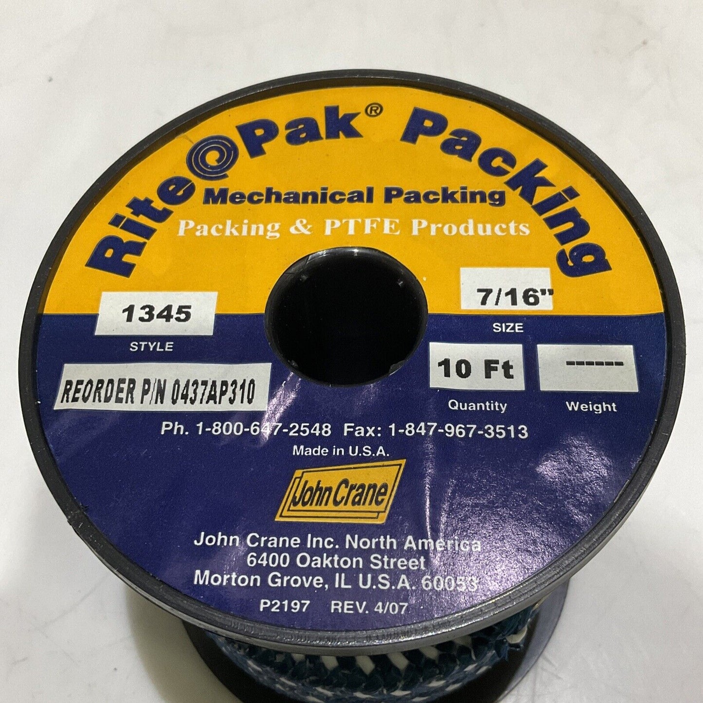 JOHN CRANE RITE PAK 1345 0437AP310 MECHANICAL PACKING A BOX 7/16IN 10FT 678