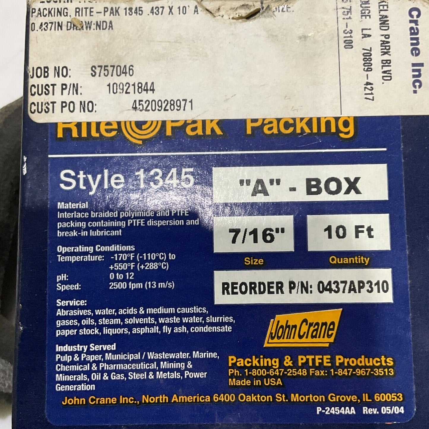 JOHN CRANE RITE PAK 1345 0437AP310 MECHANICAL PACKING A BOX 7/16IN 10FT 678