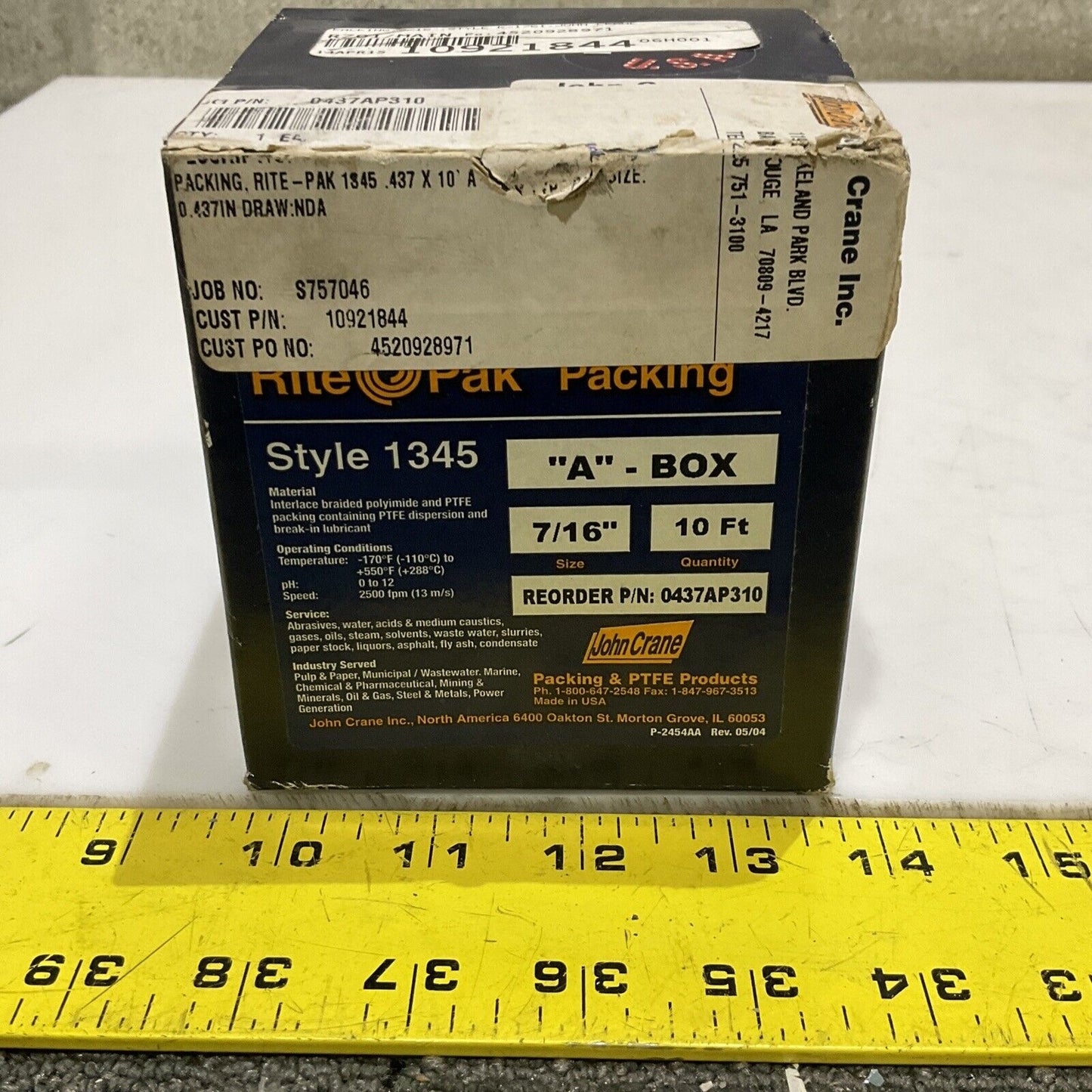 JOHN CRANE RITE PAK 1345 0437AP310 MECHANICAL PACKING A BOX 7/16IN 10FT 678