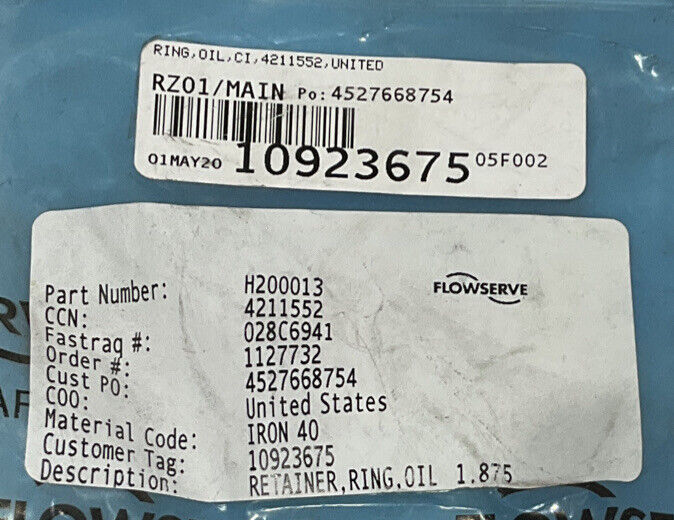 UNITED FLOWSERVE H200013-204 FLS 21784 OIL RING 4211552 CI
