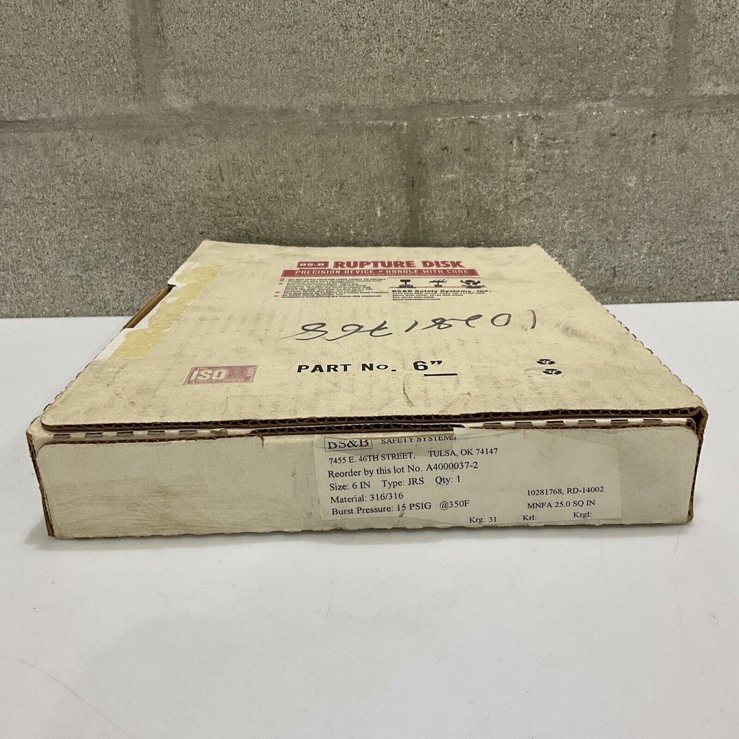 BS&B 10281768 RD-14002 A4000037-2 RUPTURE DISK 6 IN JRS 15 PSIG 555