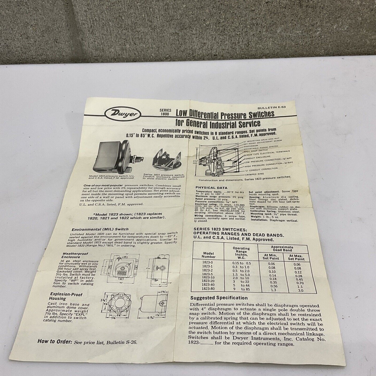 DWYER 1824-10 WP SERIES 1800 LOW DIFFERENTIAL PRESSURE SWITCHES 555