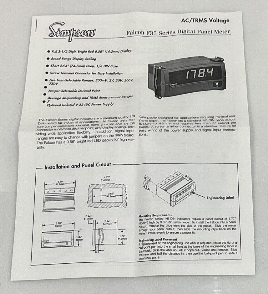 SIMPSON F35-1-46-0 FALCON F35 SERIES DIGITAL PANEL METER INPUT 5 A AC 120VAC