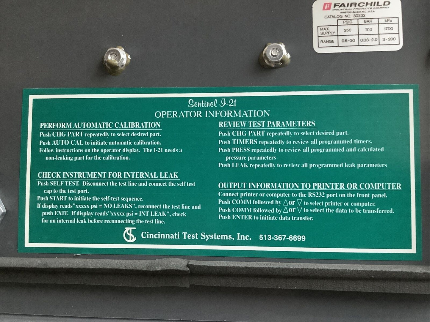 CINCINNATI TEST SYSTEMS I-21 PRESSURE DECAY LEAK TESTER