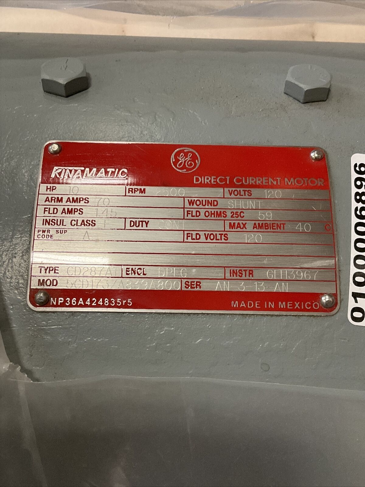 GE KINAMATIC 5CD173ZA839A800 DIRECT CURRENT MOTOR CD287AT 10HP 2500RPM 120V 373