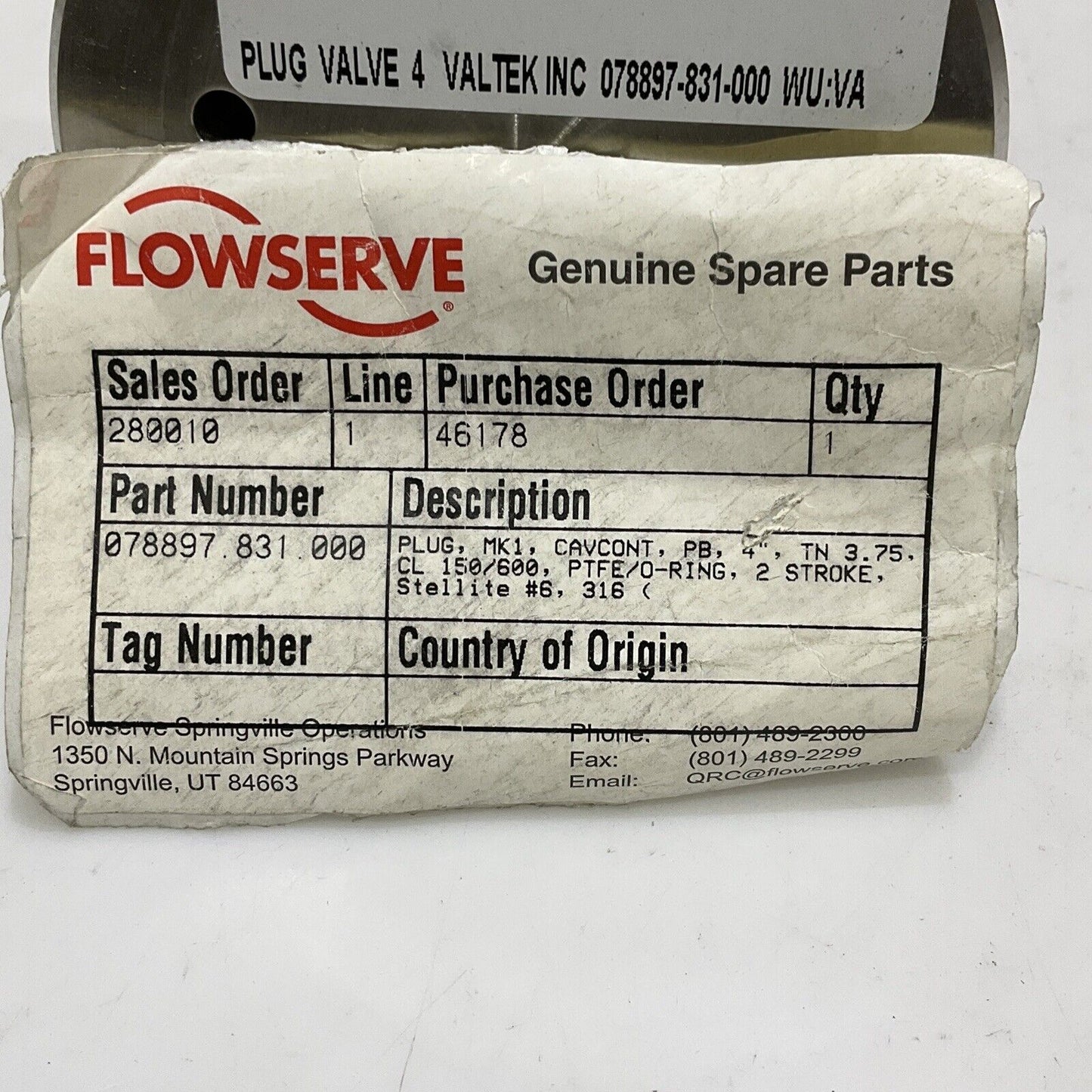 FLOWSERVE 078897.831.000 VALVE PLUG CAVONT MK1 CAVCONT 4” TN 3.75” 2 STROKE 373