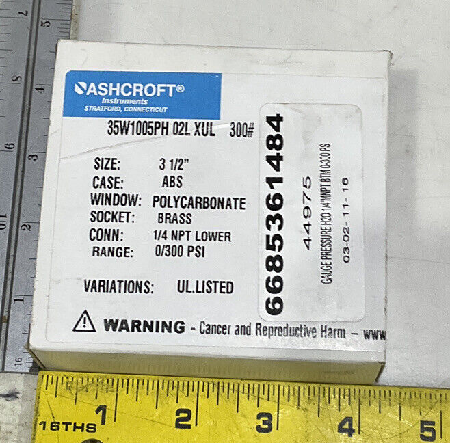 ASHCROFT 35W1005PH 02L XUL PRESSURE GAUGE 0-300psi 373