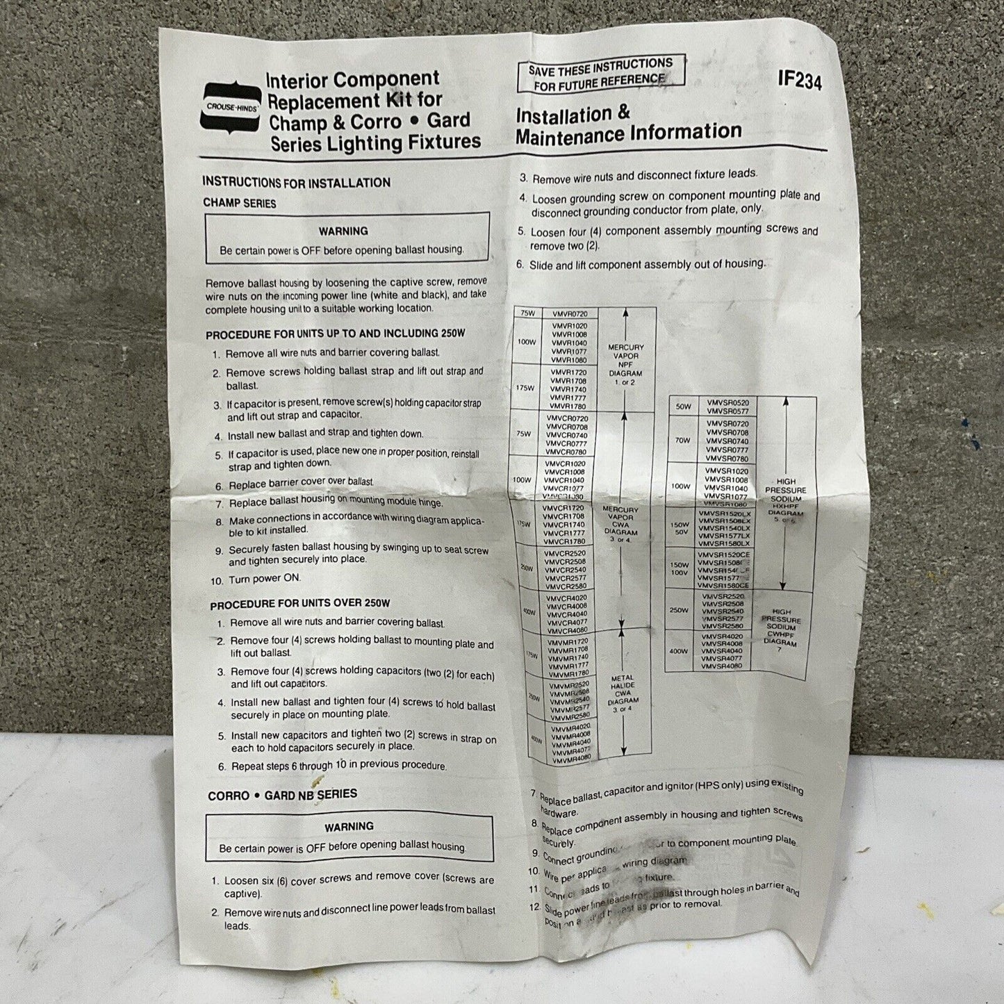 CROUSE HINDS VMVCR1720 BALLEST REPLACEMENT KIT 175 W 120 V 373