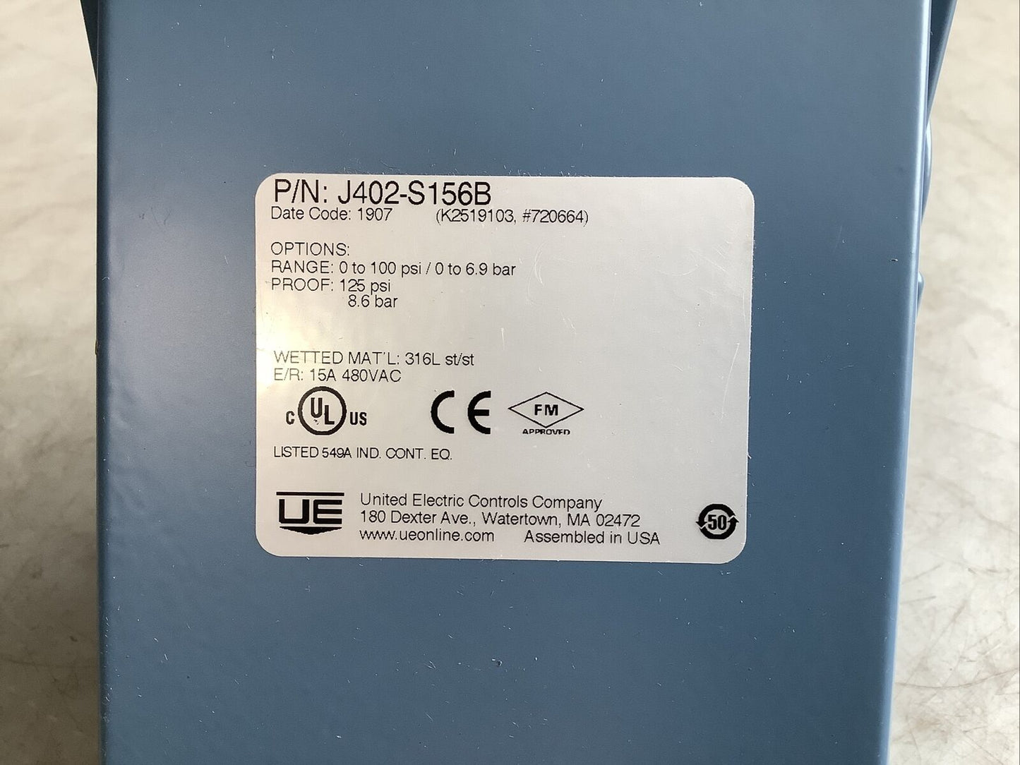UNITED ELECTRIC J402-S156B PRESSURE SWITCH 373