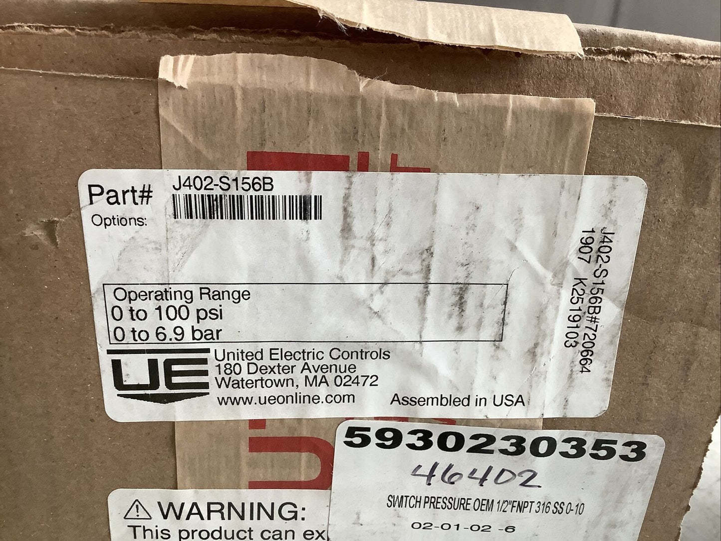 UNITED ELECTRIC J402-S156B PRESSURE SWITCH 373