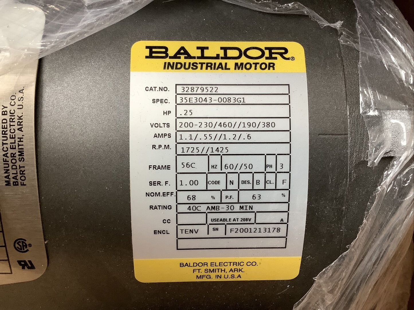 BALDOR 32879522 MOTOR 1725/1425RPM 0.25HP 3PH 200-230/460/190/380V 373