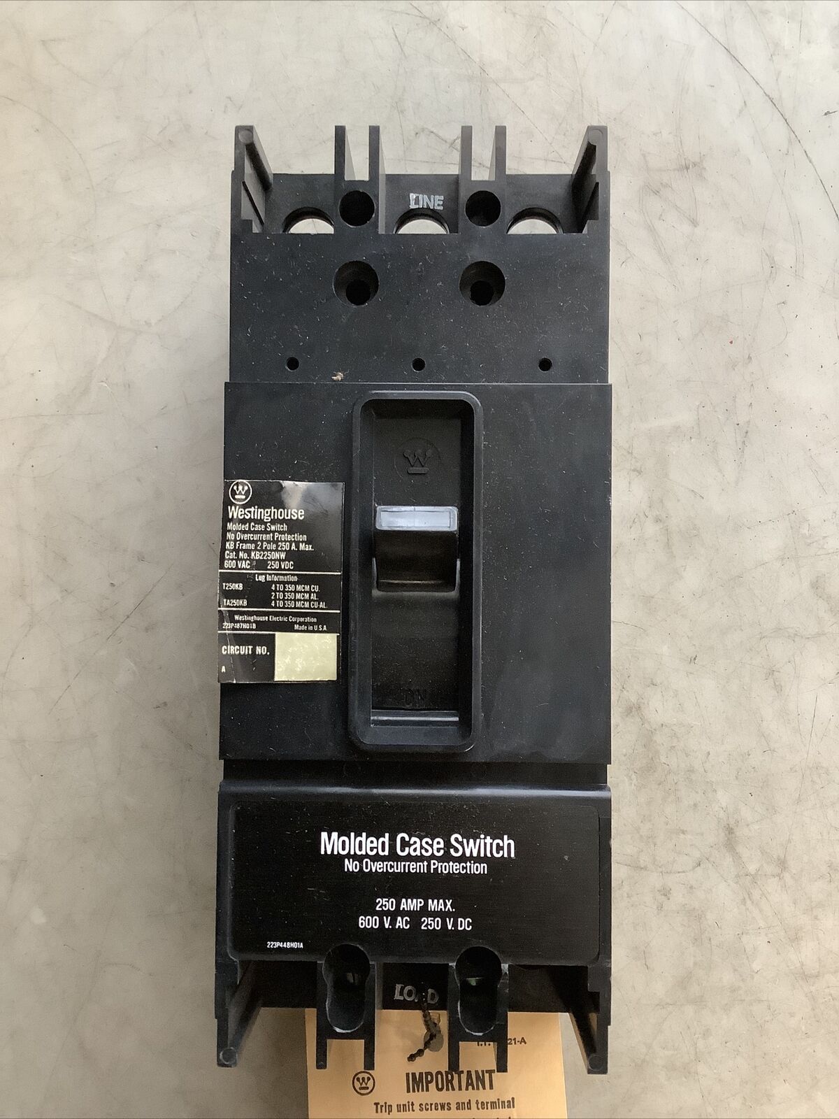 WESTINGHOUSE KB2250NW MOLDED CASE CIRCUIT BREAKER 2 POLE 250A 600V 373