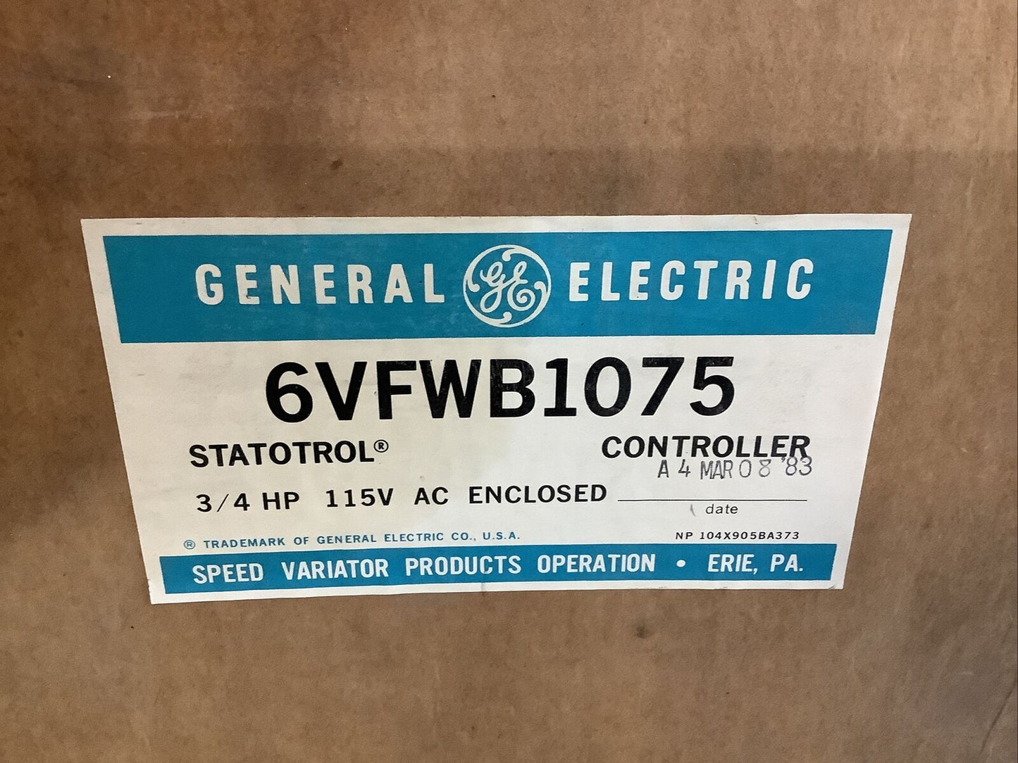 GENERAL ELECTRIC 6VFWB1075 STATOTROL MOTOR CONTROLLER 3/4HP 115VAC 373