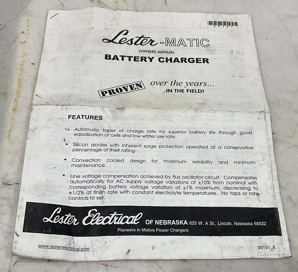 LESTER ELECTRICAL 36LC25-T12 08946 BATTERY CHARGER 60 HZ 115V 881