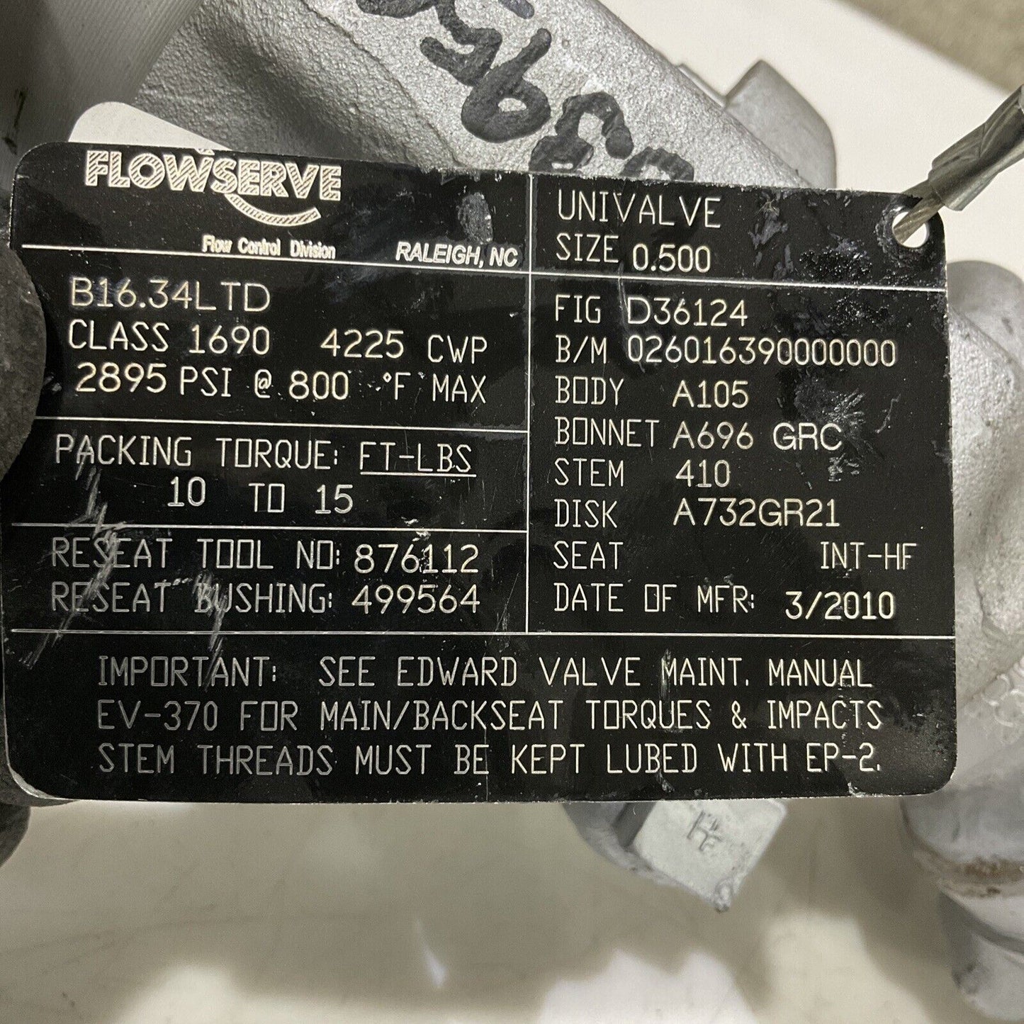 FLOWSERVE D36124 UNIVALVE EDWARD CLASS 1690 2895 PSI .5 SIZE 373